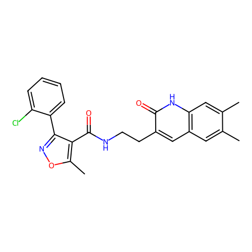 3-(2-chlorophenyl)-N-[2-(6,7-dimethyl-2-oxo-1H-quinolin-3-yl)ethyl]-5-methyl-1,2-oxazole-4-carboxamide structure