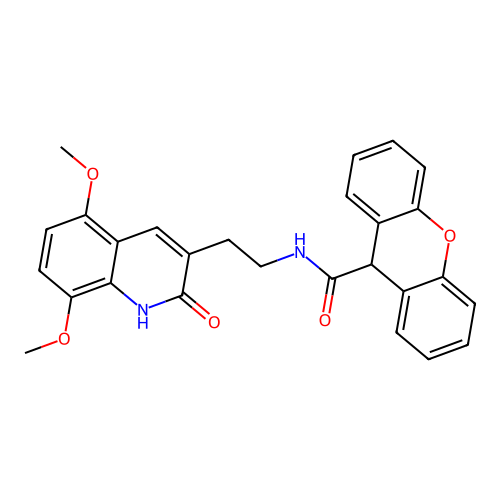 N-[2-(5,8-dimethoxy-2-oxo-1H-quinolin-3-yl)ethyl]-9H-xanthene-9-carboxamide structure