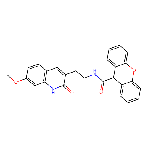 N-[2-(7-methoxy-2-oxo-1H-quinolin-3-yl)ethyl]-9H-xanthene-9-carboxamide structure