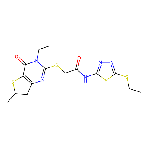 2-[(3-ethyl-6-methyl-4-oxo-6,7-dihydrothieno[3,2-d]pyrimidin-2-yl)sulfanyl]-N-(5-ethylsulfanyl-1,3,4-thiadiazol-2-yl)acetamide structure