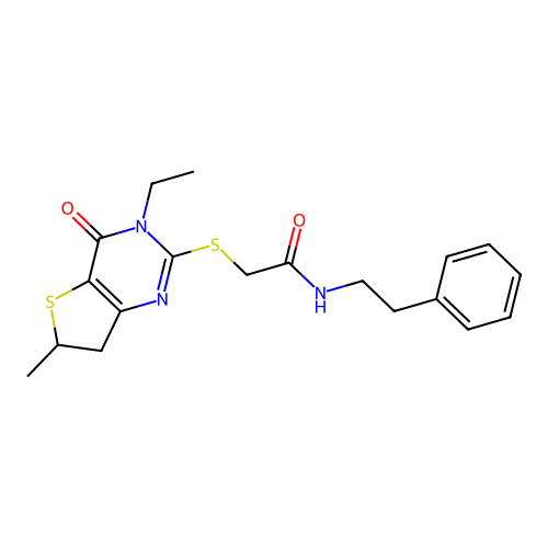2-((3-ethyl-6-methyl-4-oxo-3,4,6,7-tetrahydrothieno[3,2-d]pyrimidin-2-yl)thio)-N-phenethylacetamide structure