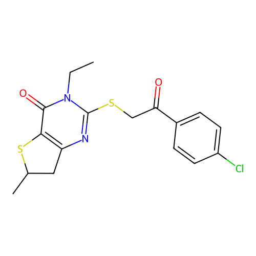 2-((2-(4-chlorophenyl)-2-oxoethyl)thio)-3-ethyl-6-methyl-6,7-dihydrothieno[3,2-d]pyrimidin-4(3H)-one structure