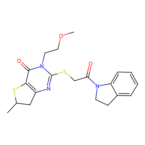 2-[2-(2,3-dihydroindol-1-yl)-2-oxoethyl]sulfanyl-3-(2-methoxyethyl)-6-methyl-6,7-dihydrothieno[3,2-d]pyrimidin-4-one structure