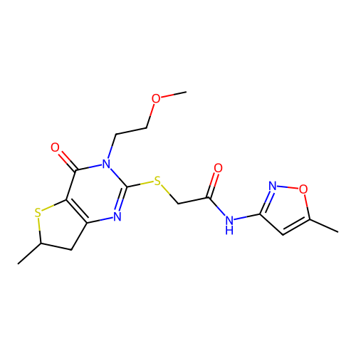 2-{[3-(2-methoxyethyl)-6-methyl-4-oxo-3H,4H,6H,7H-thieno[3,2-d]pyrimidin-2-yl]sulfanyl}-N-(5-methyl-1,2-oxazol-3-yl)acetamide structure