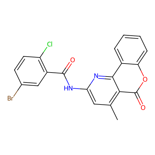 5-bromo-2-chloro-N-(4-methyl-5-oxochromeno[4,3-b]pyridin-2-yl)benzamide structure