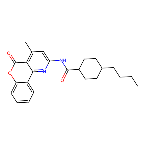 4-butyl-N-(4-methyl-5-oxo-5H-chromeno[4,3-b]pyridin-2-yl)cyclohexanecarboxamide structure