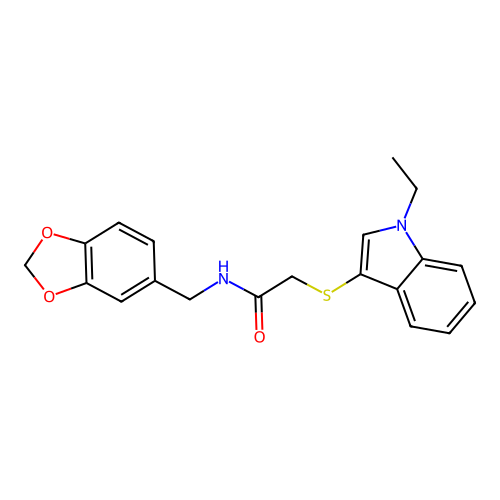 N-(1,3-benzodioxol-5-ylmethyl)-2-(1-ethylindol-3-yl)sulfanylacetamide structure