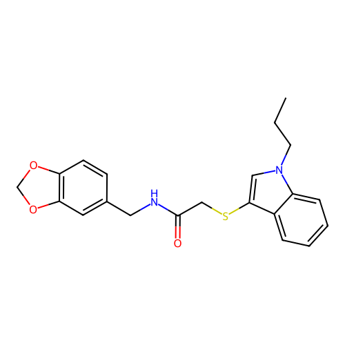 N-(benzo[d][1,3]dioxol-5-ylmethyl)-2-((1-propyl-1H-indol-3-yl)thio)acetamide structure