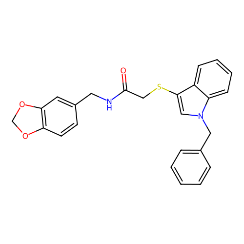 N-(benzo[d][1,3]dioxol-5-ylmethyl)-2-((1-benzyl-1H-indol-3-yl)thio)acetamide structure