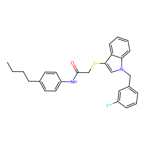 N-(4-butylphenyl)-2-((1-(3-fluorobenzyl)-1H-indol-3-yl)thio)acetamide structure