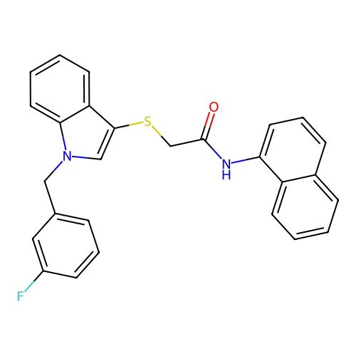 2-[1-[(3-fluorophenyl)methyl]indol-3-yl]sulfanyl-N-naphthalen-1-ylacetamide structure