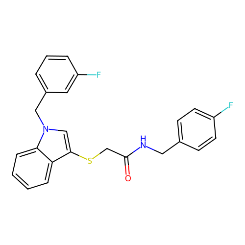 N-(4-fluorobenzyl)-2-((1-(3-fluorobenzyl)-1H-indol-3-yl)thio)acetamide structure