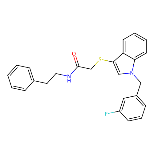 2-((1-(3-fluorobenzyl)-1H-indol-3-yl)thio)-N-phenethylacetamide structure
