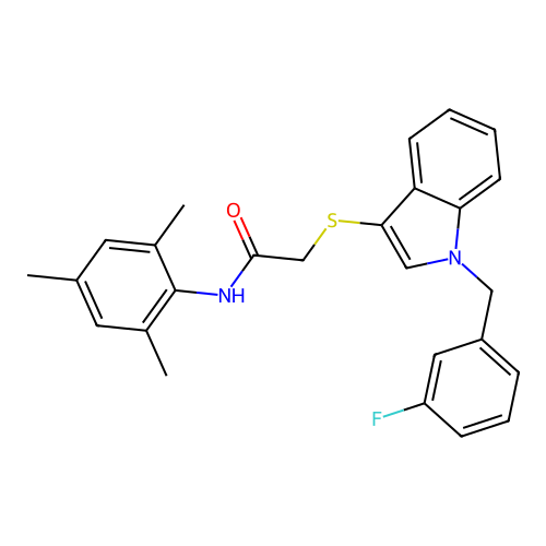 2-((1-(3-fluorobenzyl)-1H-indol-3-yl)thio)-N-mesitylacetamide structure