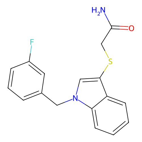 2-((1-(3-fluorobenzyl)-1H-indol-3-yl)thio)acetamide structure