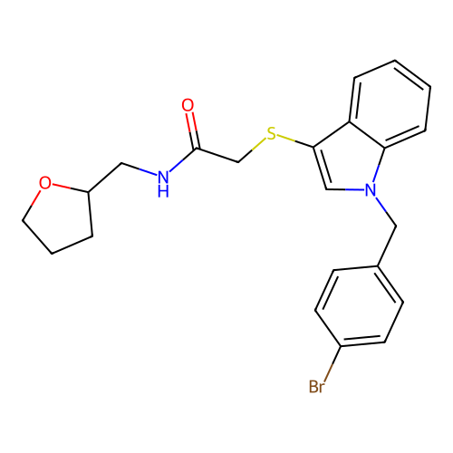 2-[1-[(4-bromophenyl)methyl]indol-3-yl]sulfanyl-N-(oxolan-2-ylmethyl)acetamide structure