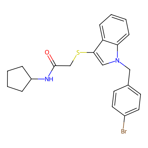 2-[1-[(4-bromophenyl)methyl]indol-3-yl]sulfanyl-N-cyclopentylacetamide structure