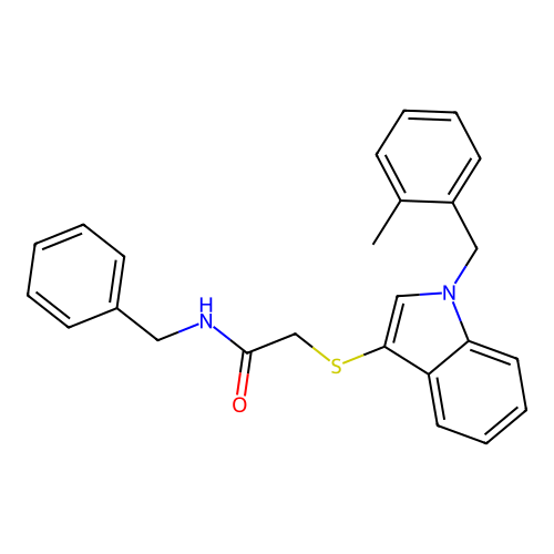 N-benzyl-2-[1-[(2-methylphenyl)methyl]indol-3-yl]sulfanylacetamide structure