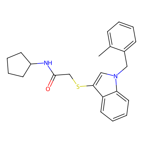 N-cyclopentyl-2-[1-[(2-methylphenyl)methyl]indol-3-yl]sulfanylacetamide structure