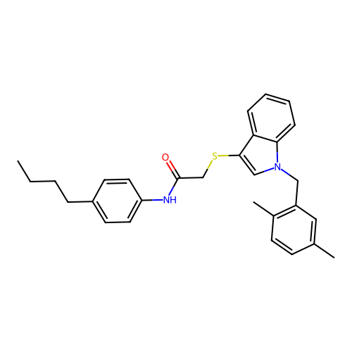 N-(4-butylphenyl)-2-[1-[(2,5-dimethylphenyl)methyl]indol-3-yl]sulfanylacetamide structure