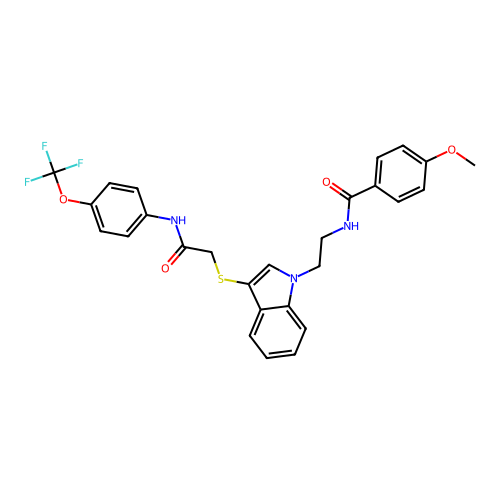 4-methoxy-N-(2-(3-((2-oxo-2-((4-(trifluoromethoxy)phenyl)amino)ethyl)thio)-1H-indol-1-yl)ethyl)benzamide structure