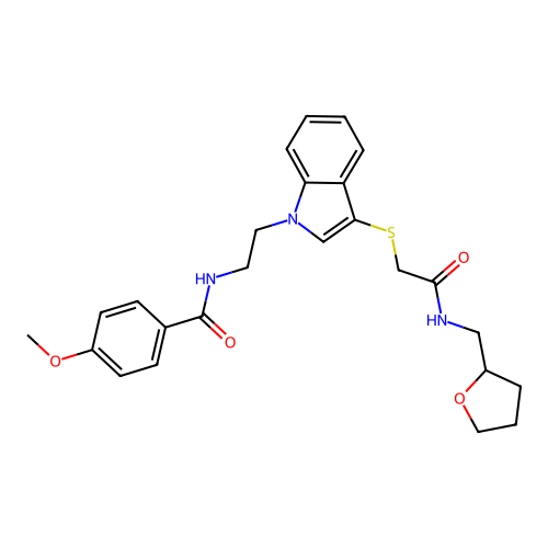 4-methoxy-N-(2-(3-((2-oxo-2-(((tetrahydrofuran-2-yl)methyl)amino)ethyl)thio)-1H-indol-1-yl)ethyl)benzamide structure