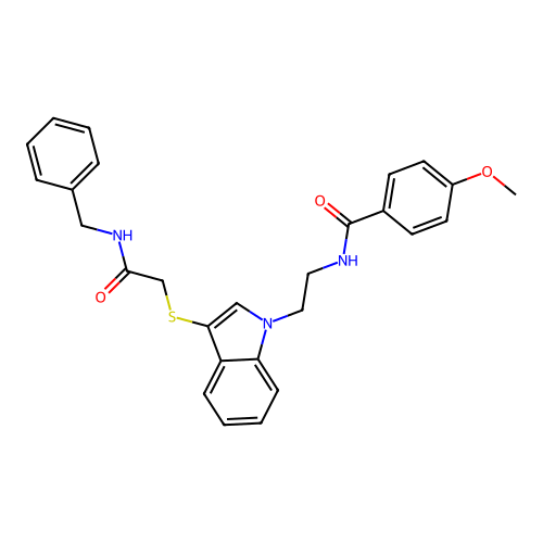 N-(2-(3-((2-(benzylamino)-2-oxoethyl)thio)-1H-indol-1-yl)ethyl)-4-methoxybenzamide structure