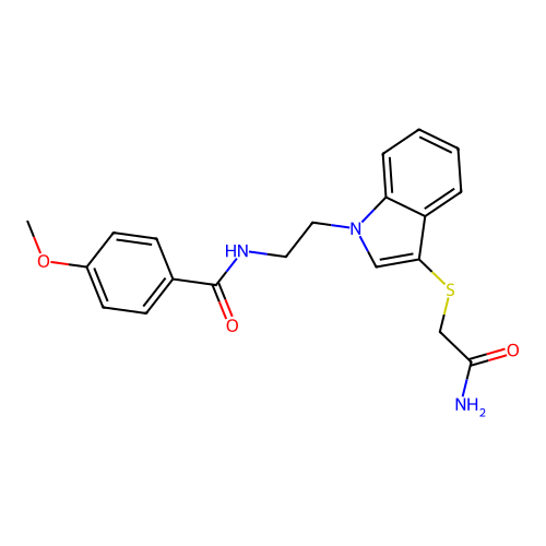 N-[2-[3-(2-amino-2-oxoethyl)sulfanylindol-1-yl]ethyl]-4-methoxybenzamide structure