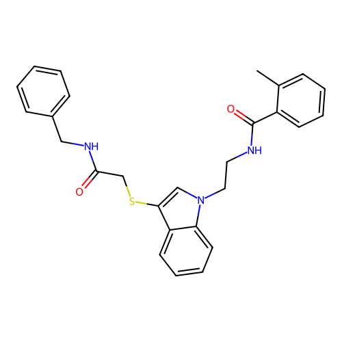 N-[2-[3-[2-(benzylamino)-2-oxoethyl]sulfanylindol-1-yl]ethyl]-2-methylbenzamide structure