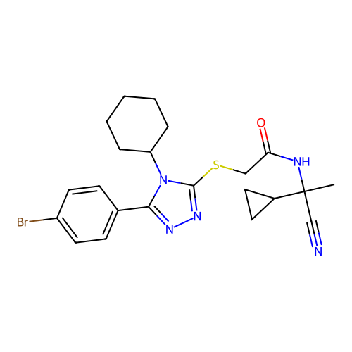 2-[[5-(4-bromophenyl)-4-cyclohexyl-1,2,4-triazol-3-yl]sulfanyl]-N-(1-cyano-1-cyclopropylethyl)acetamide structure
