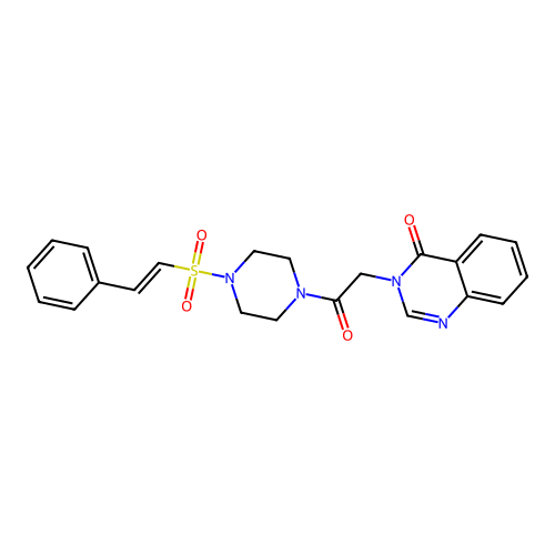 3-[2-oxo-2-[4-[(E)-2-phenylethenyl]sulfonylpiperazin-1-yl]ethyl]quinazolin-4-one structure