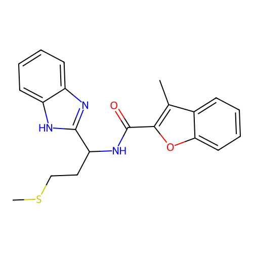 N-[1-(1H-1,3-benzodiazol-2-yl)-3-(methylsulfanyl)propyl]-3-methyl-1-benzofuran-2-carboxamide structure