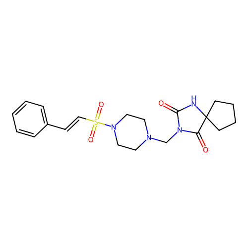 3-[[4-(2-phenylethenylsulfonyl)piperazin-1-yl]methyl]-1,3-diazaspiro[4.4]nonane-2,4-dione structure