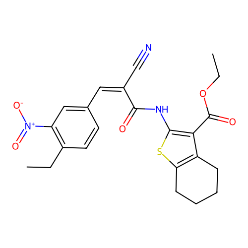 ethyl 2-[[(Z)-2-cyano-3-(4-ethyl-3-nitrophenyl)prop-2-enoyl]amino]-4,5,6,7-tetrahydro-1-benzothiophene-3-carboxylate structure