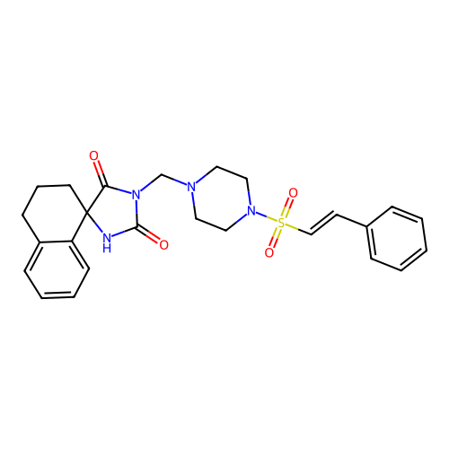 1-{[4-(2-phenylethenesulfonyl)piperazin-1-yl]methyl}-3',4'-dihydro-2'H-spiro[imidazolidine-4,1'-naphthalene]-2,5-dione structure