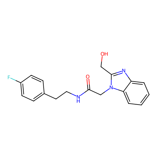 N-[2-(4-fluorophenyl)ethyl]-2-[2-(hydroxymethyl)benzimidazol-1-yl]acetamide structure