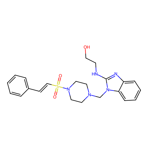 2-[[1-[[4-(2-phenylethenylsulfonyl)piperazin-1-yl]methyl]benzoimidazol-2-yl]amino]ethanol structure