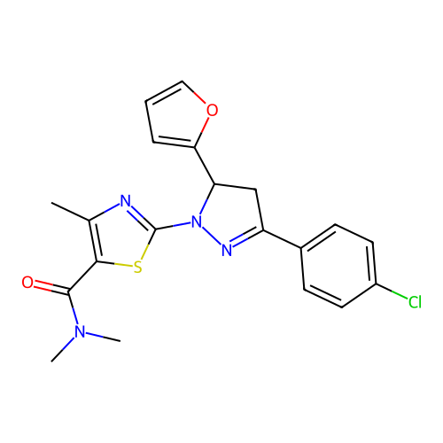 2-[3-(4-chlorophenyl)-5-(furan-2-yl)-4,5-dihydro-1H-pyrazol-1-yl]-N,N,4-trimethyl-1,3-thiazole-5-carboxamide structure