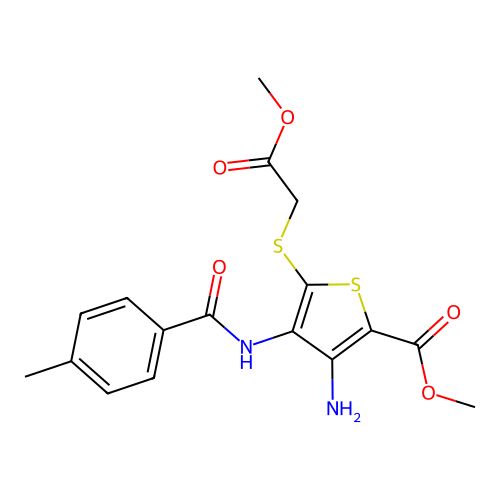 methyl 3-amino-5-[(2-methoxy-2-oxoethyl)sulfanyl]-4-(4-methylbenzamido)thiophene-2-carboxylate structure
