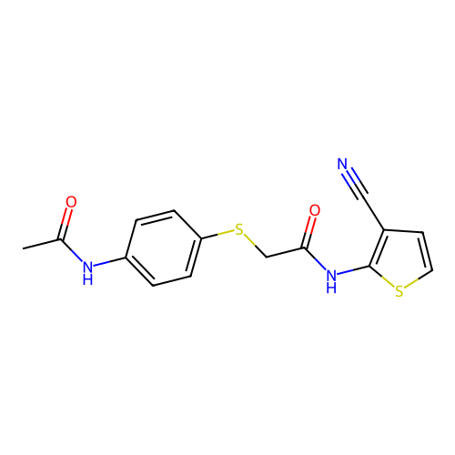 2-(4-acetamidophenyl)sulfanyl-N-(3-cyanothiophen-2-yl)acetamide structure
