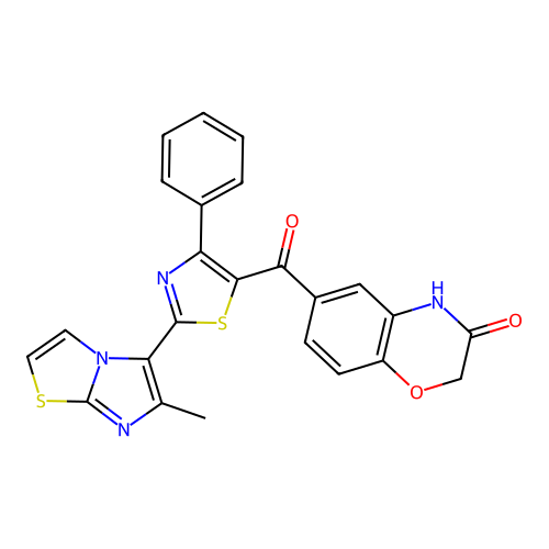 6-[2-(6-methylimidazo[2,1-b][1,3]thiazol-5-yl)-4-phenyl-1,3-thiazole-5-carbonyl]-4H-1,4-benzoxazin-3-one structure