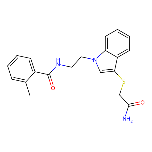 N-[2-[3-(2-amino-2-oxoethyl)sulfanylindol-1-yl]ethyl]-2-methylbenzamide structure