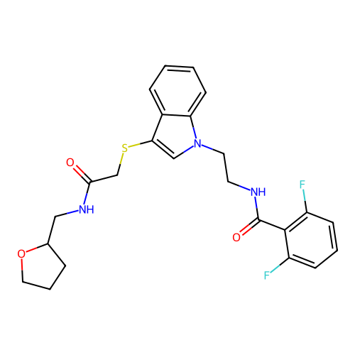 2,6-difluoro-N-(2-{3-[({[(oxolan-2-yl)methyl]carbamoyl}methyl)sulfanyl]-1H-indol-1-yl}ethyl)benzamide structure