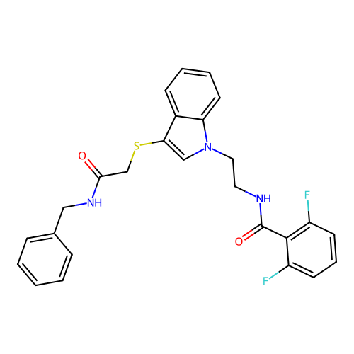 N-(2-(3-((2-(benzylamino)-2-oxoethyl)thio)-1H-indol-1-yl)ethyl)-2,6-difluorobenzamide structure
