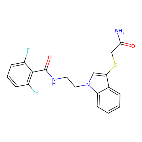 N-[2-[3-(2-amino-2-oxoethyl)sulfanylindol-1-yl]ethyl]-2,6-difluorobenzamide structure