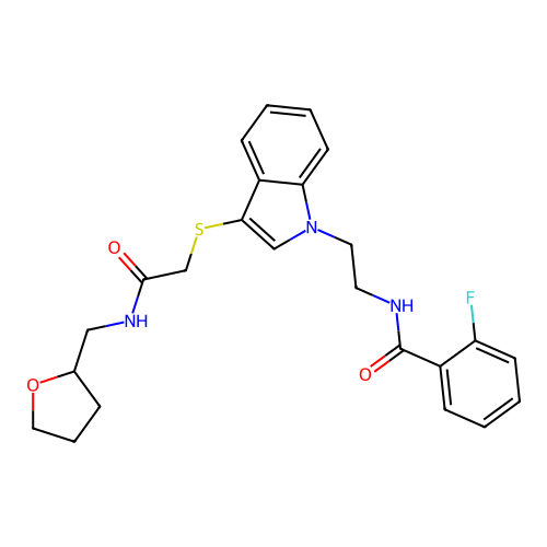 2-fluoro-N-(2-(3-((2-oxo-2-(((tetrahydrofuran-2-yl)methyl)amino)ethyl)thio)-1H-indol-1-yl)ethyl)benzamide structure
