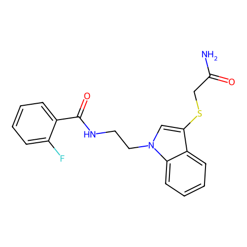 N-[2-[3-(2-amino-2-oxoethyl)sulfanylindol-1-yl]ethyl]-2-fluorobenzamide structure