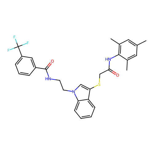 N-(2-(3-((2-(mesitylamino)-2-oxoethyl)thio)-1H-indol-1-yl)ethyl)-3-(trifluoromethyl)benzamide structure