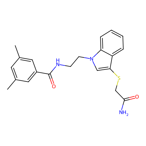 N-(2-(3-((2-amino-2-oxoethyl)thio)-1H-indol-1-yl)ethyl)-3,5-dimethylbenzamide structure