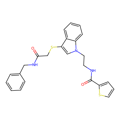 N-[2-(3-{[(benzylcarbamoyl)methyl]sulfanyl}-1H-indol-1-yl)ethyl]thiophene-2-carboxamide structure